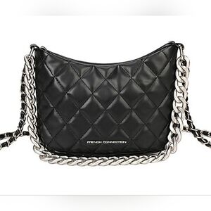 French Connection Eliza Diamond Quilted Metallic Chain Black Crossbody -New
